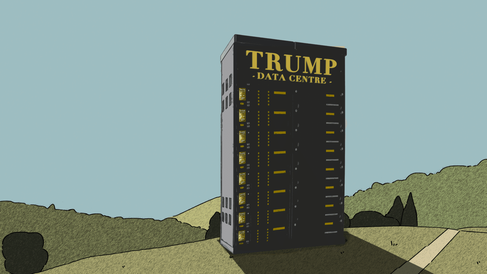 Cartoon of datacentre bearing Trump logo